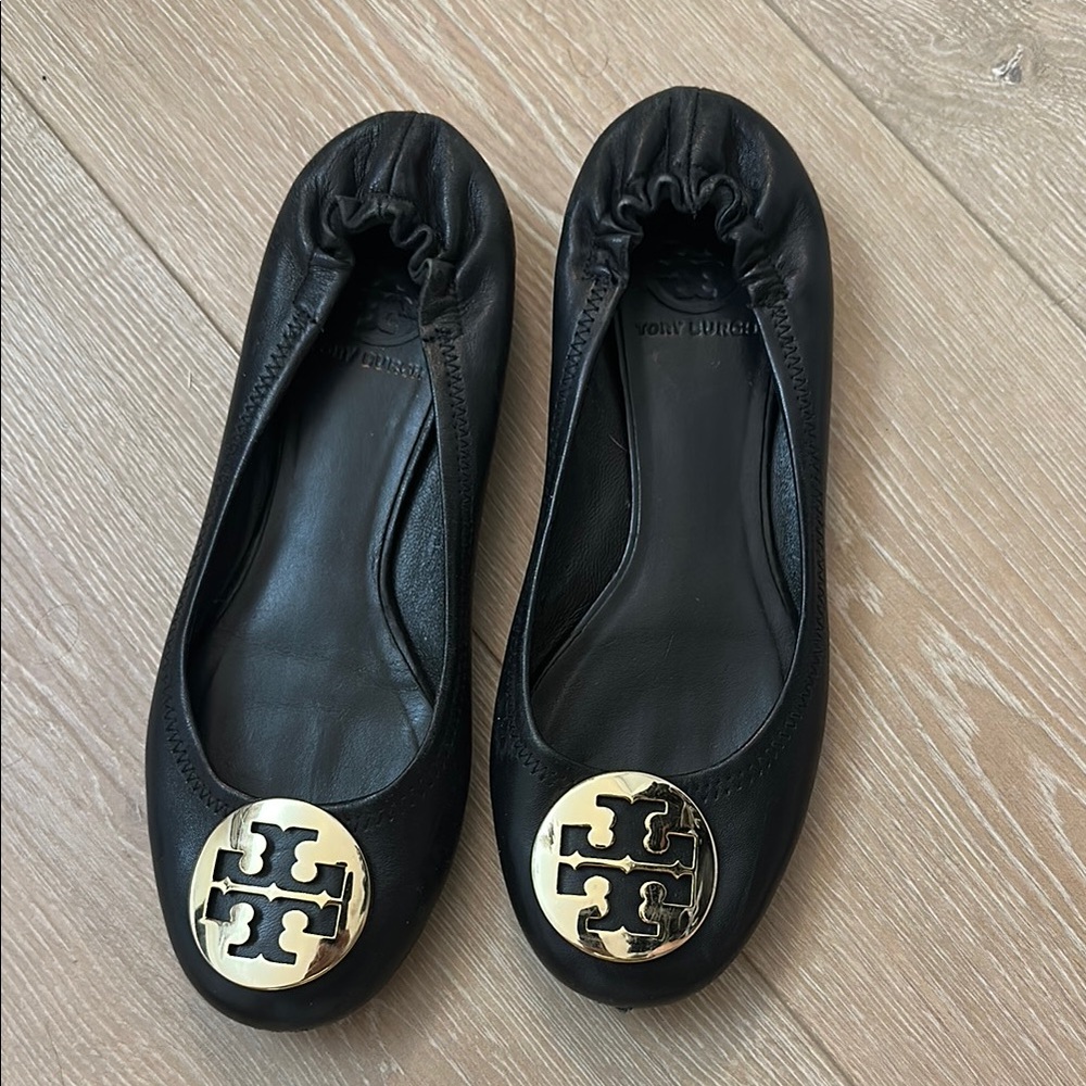 Tory Burch Black and Gold Flats with Signature Logo